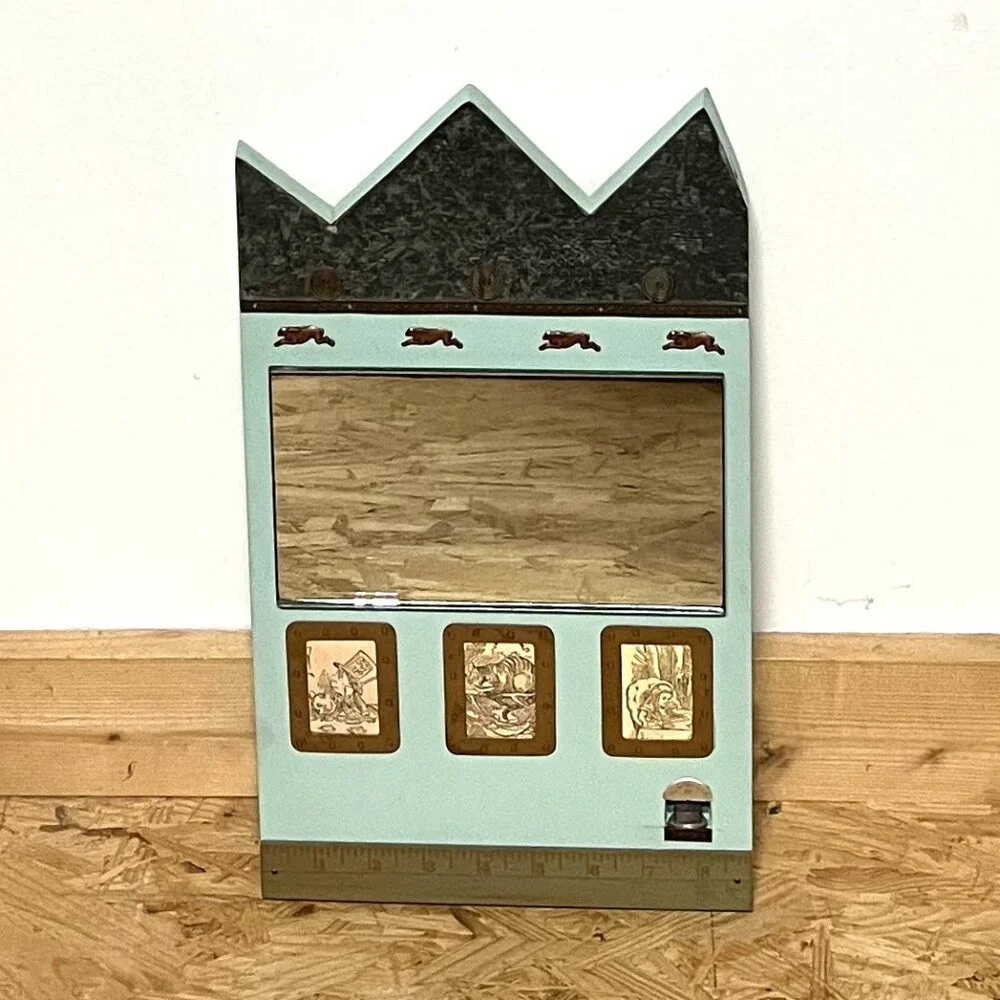 Vintage Handmade Sage Green Alice in Wonderland Themed Mirror on Wood w/Trinkets